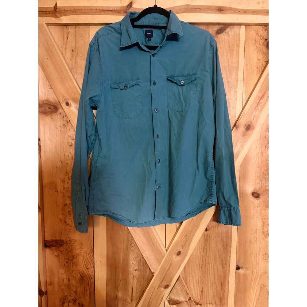 Gap Mens Size M Teal Blue Green Long Sleeve Button Front Shirt Utility Pocket